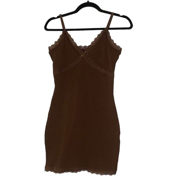 H&M Brown Ribbed Stretch Bodycon Lace Mini Dress Adjustable Y2K Size M Divided - Picture 4 of 5